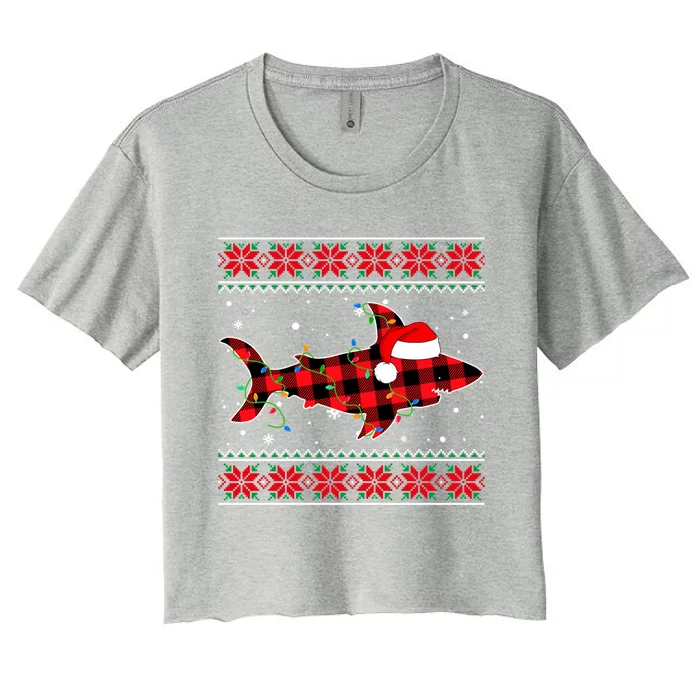 Ugly Christmas Sweater Shark Lover Xmas Lights Santa Gift Women's Crop Top Tee