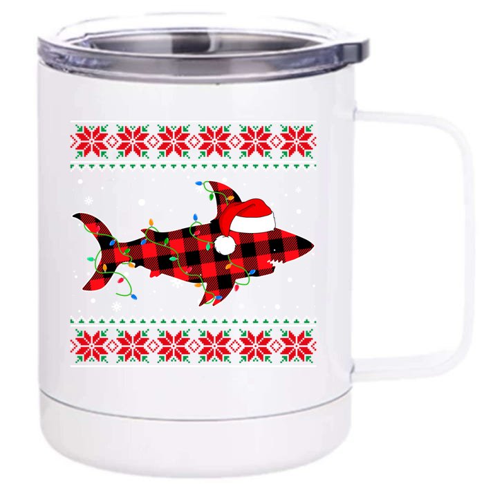 Ugly Christmas Sweater Shark Lover Xmas Lights Santa Gift Front & Back 12oz Stainless Steel Tumbler Cup