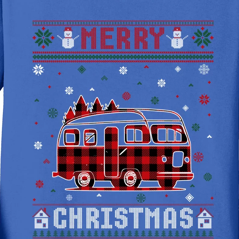 Ugly Christmas Sweater Camper Buffalo Plaid Red Xmas Gift Kids Long Sleeve Shirt