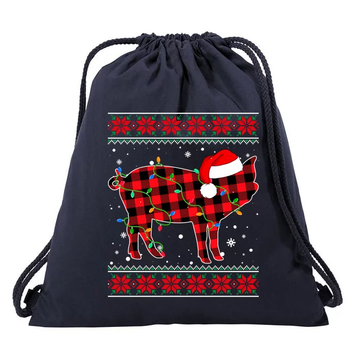 Ugly Christmas Sweater Pig Lover Xmas Lights Santa Gift Drawstring Bag