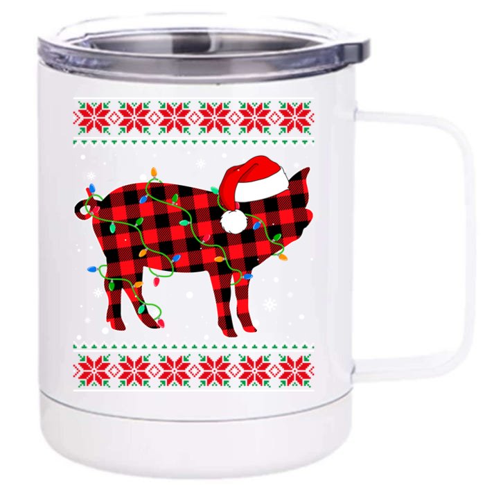 Ugly Christmas Sweater Pig Lover Xmas Lights Santa Gift Front & Back 12oz Stainless Steel Tumbler Cup