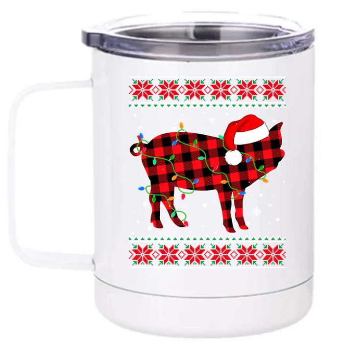 Ugly Christmas Sweater Pig Lover Xmas Lights Santa Gift Front & Back 12oz Stainless Steel Tumbler Cup