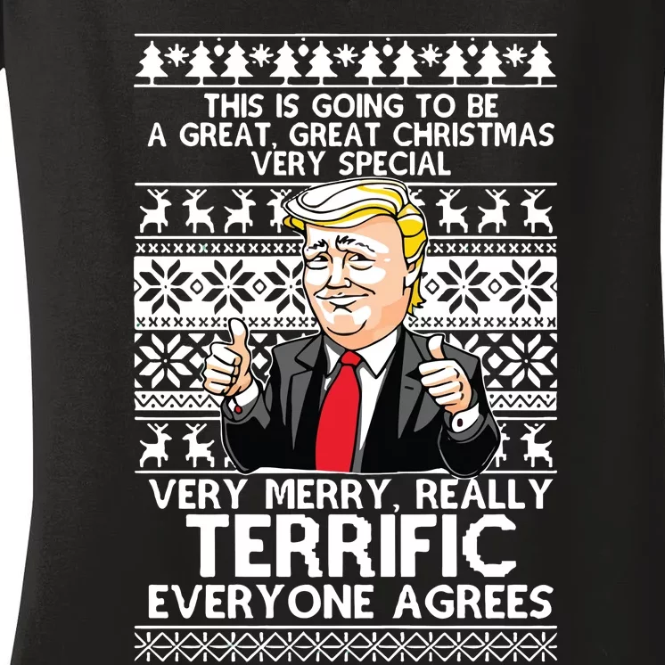 Ugly Christmas Sweater Trump Very Merry Really Terrific Christmas Women's V-Neck T-Shirt