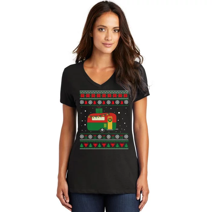 Ugly Christmas Sweater Funny Camping Camper Gift Women's V-Neck T-Shirt