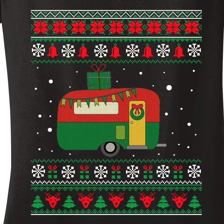 Ugly Christmas Sweater Funny Camping Camper Gift Women's V-Neck T-Shirt