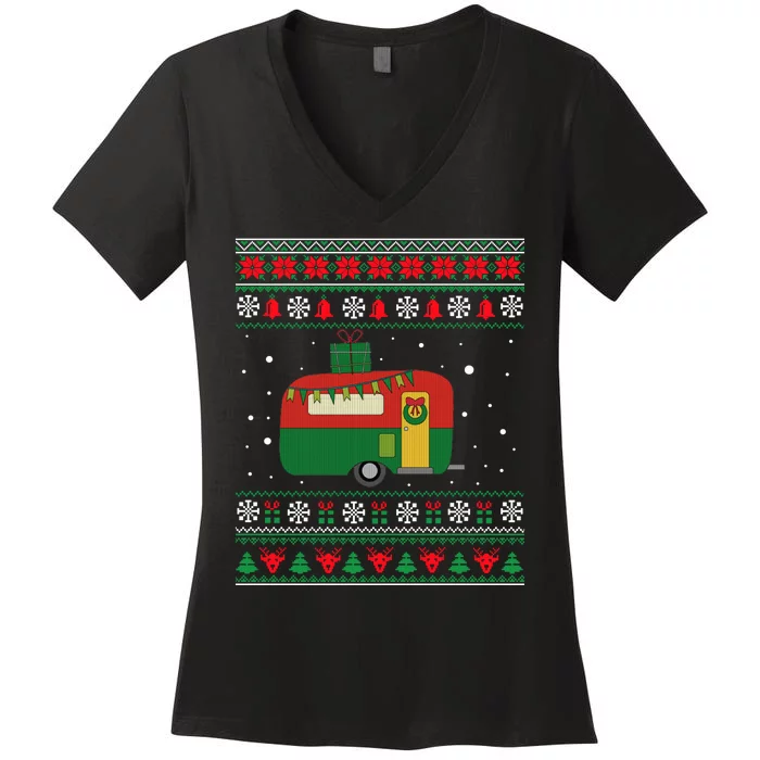 Ugly Christmas Sweater Funny Camping Camper Gift Women's V-Neck T-Shirt