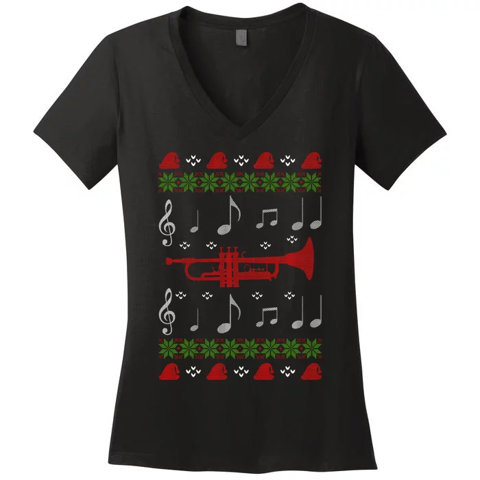 Ugly Christmas Sweater Style Gift Trumpet Player Women's V-Neck T-Shirt