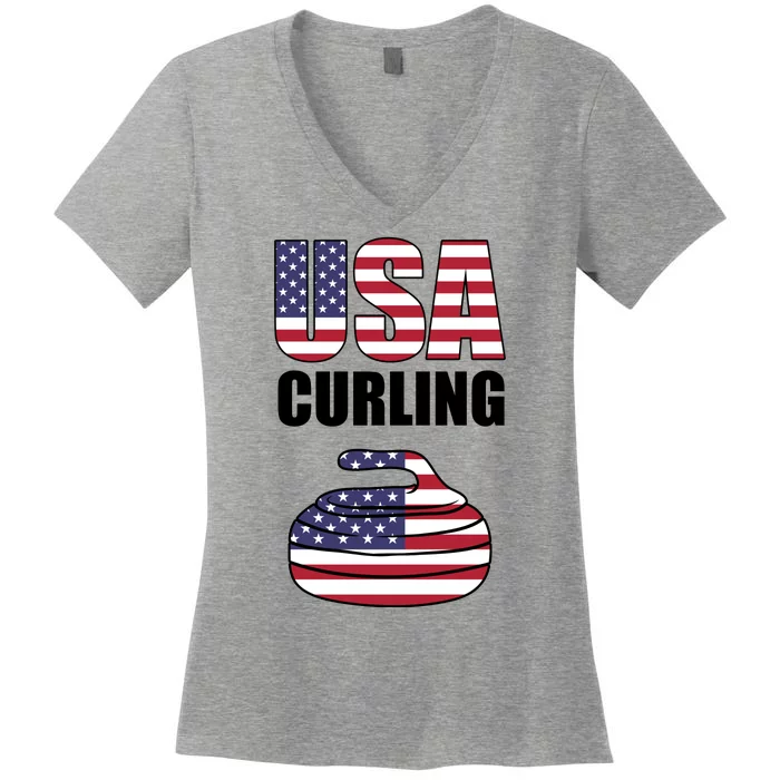 USA Curling Team Flag Sport Women's V-Neck T-Shirt