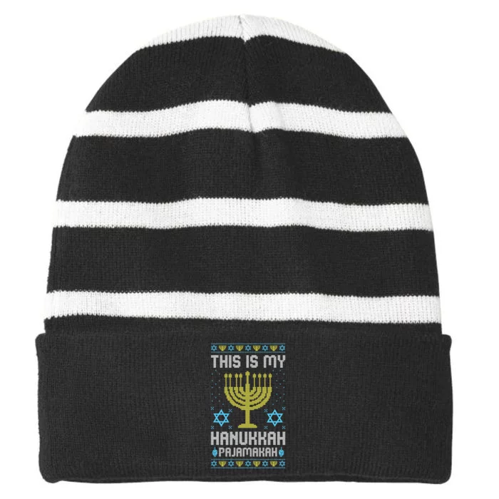 Ugly Chanukah This Is My Chanukkah Pajama Menorah Striped Beanie with Solid Band