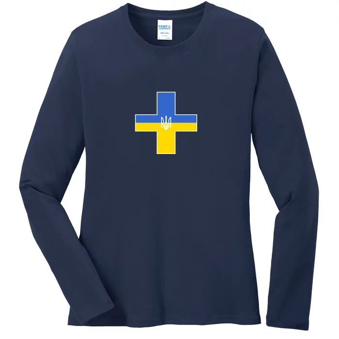 Ukrainian Cross Ukraine Support Stand With Pray Ladies Long Sleeve Shirt