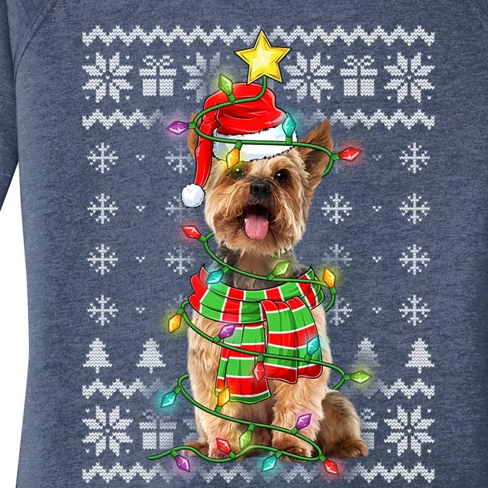 Ugly Christmas Yorkshire Terrier Dog Xmas Lights Santa Hat Great Gift Women's Perfect Tri Tunic Long Sleeve Shirt