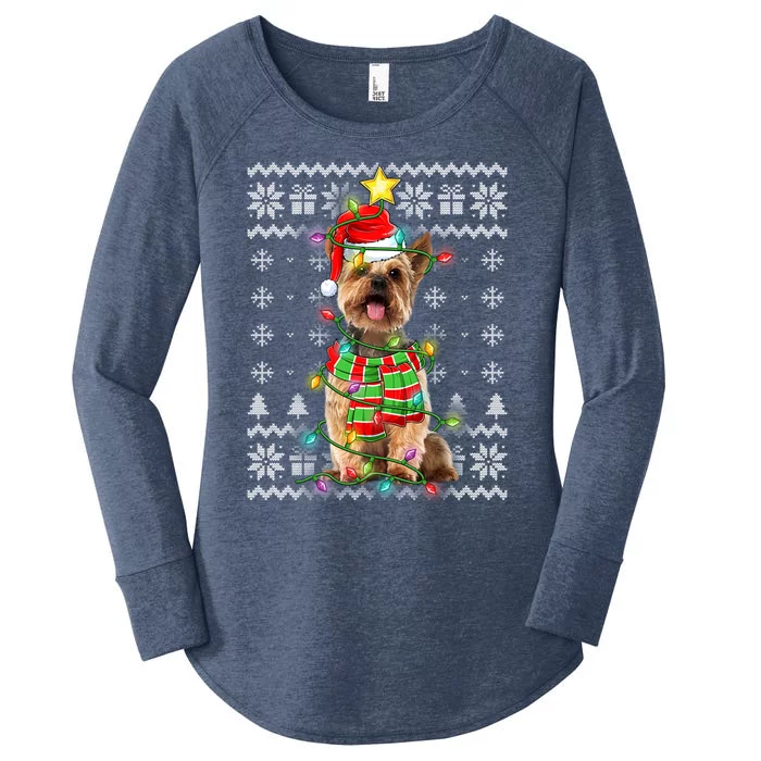 Ugly Christmas Yorkshire Terrier Dog Xmas Lights Santa Hat Great Gift Women's Perfect Tri Tunic Long Sleeve Shirt