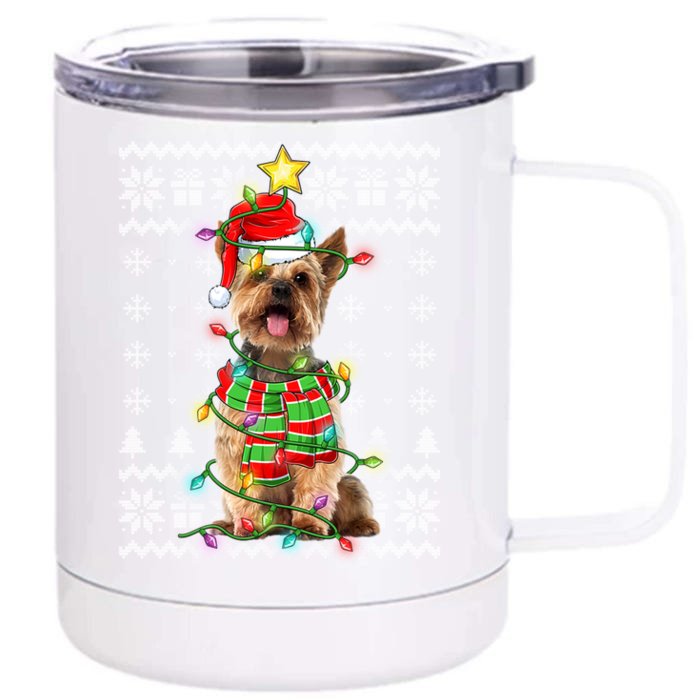 Ugly Christmas Yorkshire Terrier Dog Xmas Lights Santa Hat Great Gift Front & Back 12oz Stainless Steel Tumbler Cup