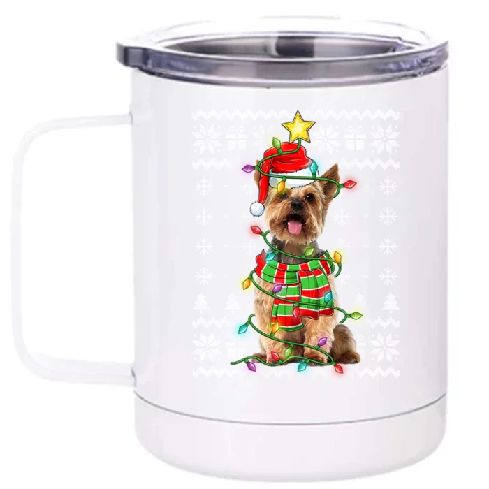 Ugly Christmas Yorkshire Terrier Dog Xmas Lights Santa Hat Great Gift Front & Back 12oz Stainless Steel Tumbler Cup