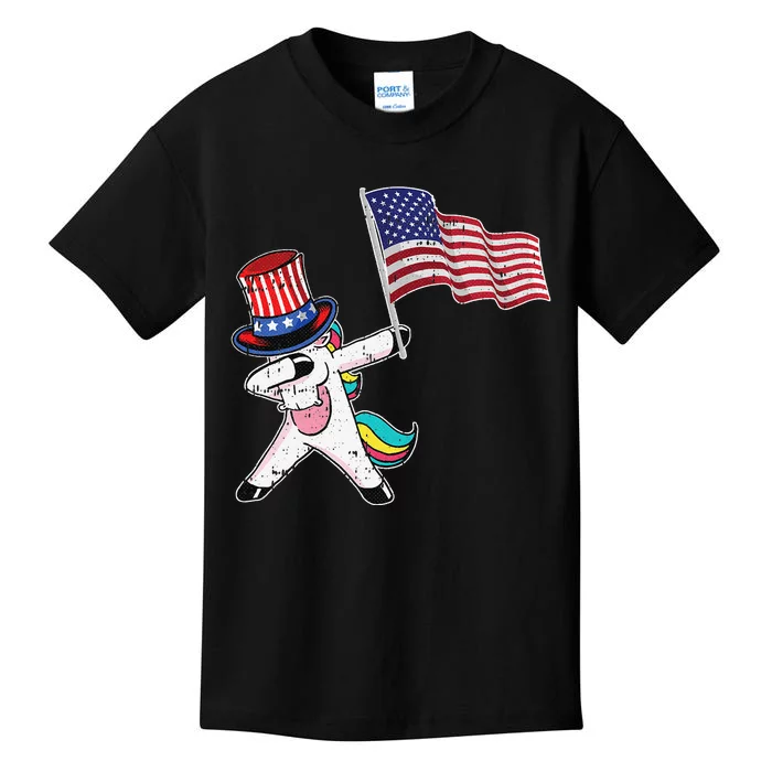 Unicorn Dabbing 4th Of July Cute American Flag Patriotic Kids T-Shirt