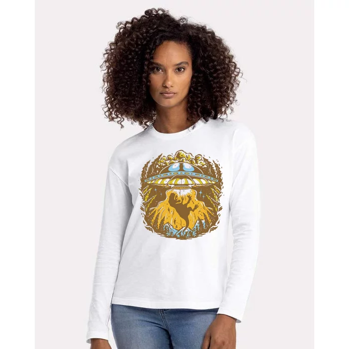 UFO Dinosaur Abduction Womens Cotton Relaxed Long Sleeve T-Shirt