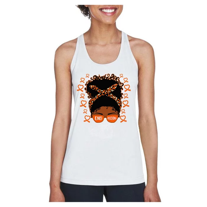 Unity Day Afro Messy Bun Anti Bullying End Bullying Women's Racerback Tank