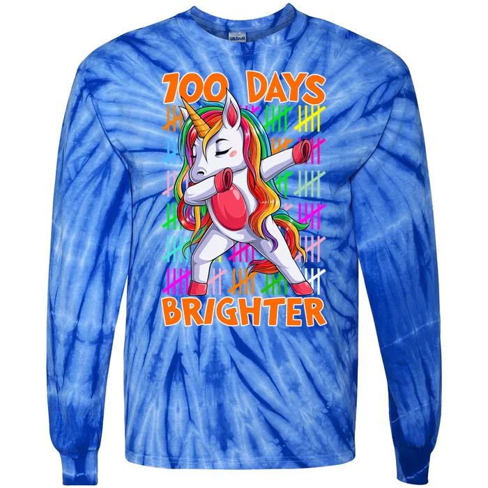 Unicorn Dabbing Dab 100 Days Brighter Funny Gift Tie-Dye Long Sleeve Shirt