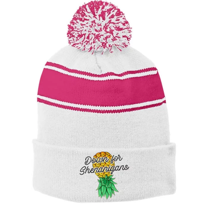 Upside Down Pineapple Down For Shenanigans Funny Swinger Stripe Pom Pom Beanie