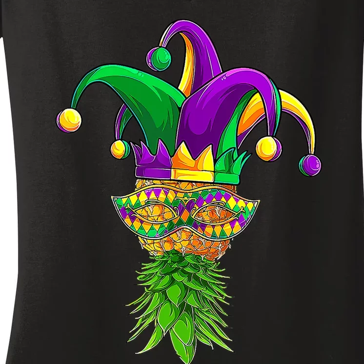 Upside Down Pineapple Mask Mardi Gras Women's V-Neck T-Shirt