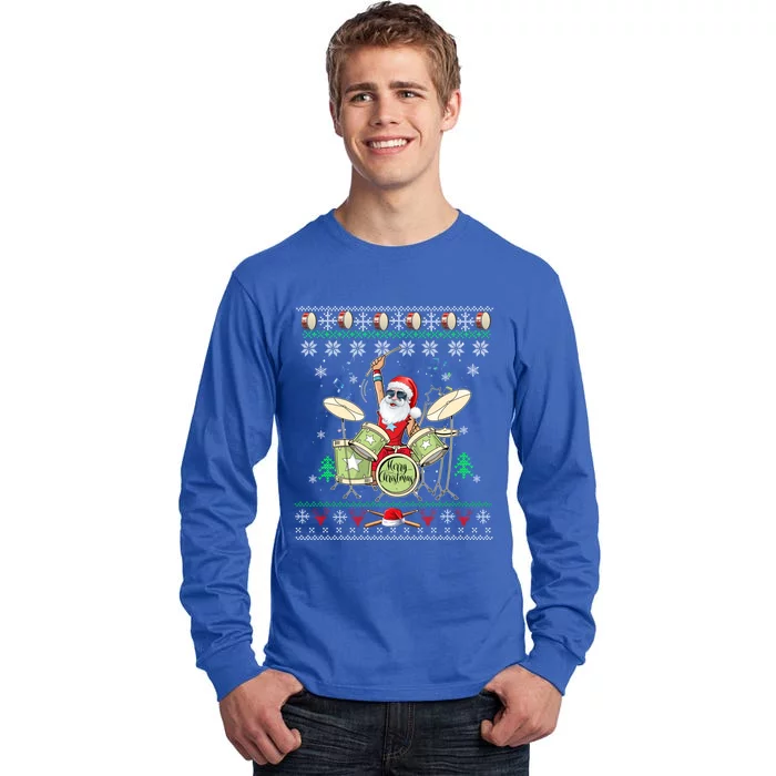 Ugly Drumming Santa Player Drums Funny Drummer Christmas Gift Tall Long Sleeve T-Shirt