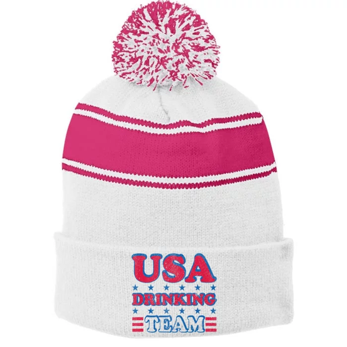 USA Drinking Team 4th Of July Independence Day Drunk Funny Stripe Pom Pom Beanie