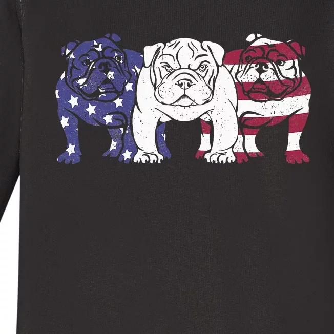 Unique English Bulldog Dog American Flag Retro Baby Long Sleeve Bodysuit