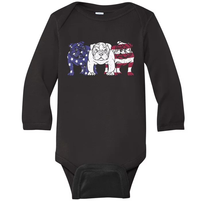 Unique English Bulldog Dog American Flag Retro Baby Long Sleeve Bodysuit