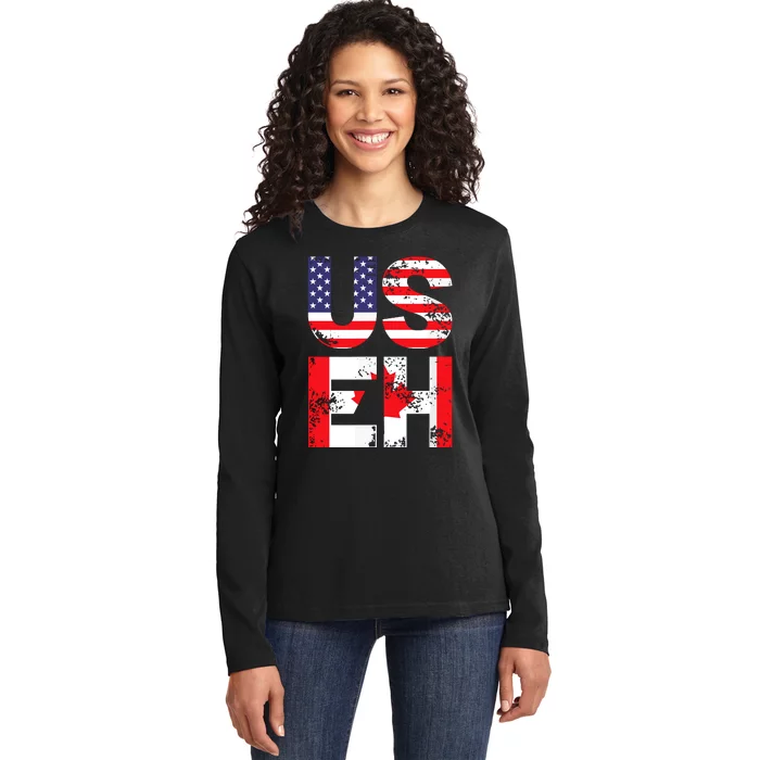 Us Eh Funny Canada American Flag Ladies Long Sleeve Shirt