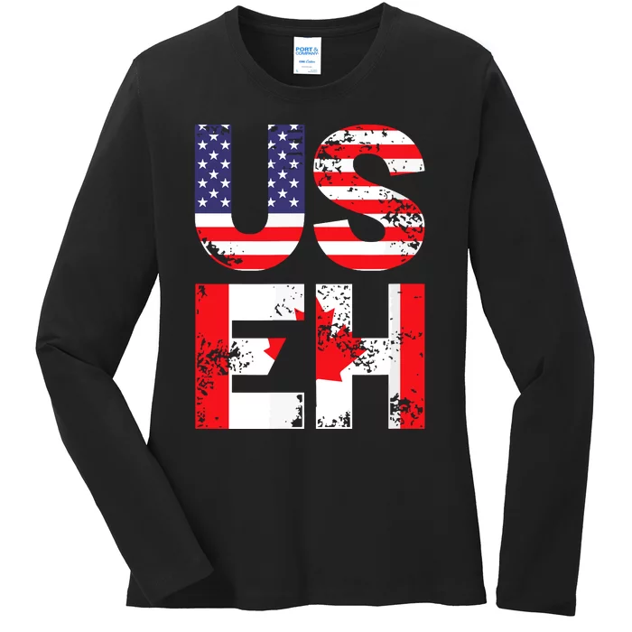 Us Eh Funny Canada American Flag Ladies Long Sleeve Shirt