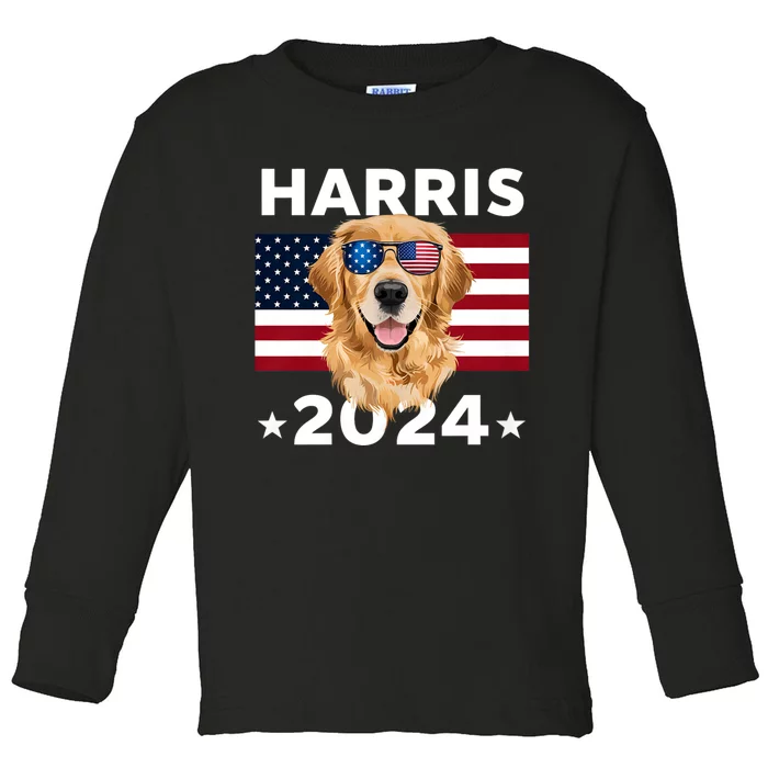 Us Election Kamala Harris 2024 Golden Retriever Dog Usa Flag Toddler Long Sleeve Shirt