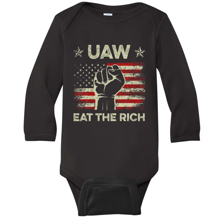 UAW Eat The Rich UAW Strong UAW Proud Union Vintage US Flag Baby Long Sleeve Bodysuit