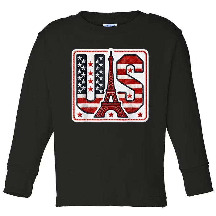 Usa Eiffel Tower 2024 Summer Sports Patriotic Supporter Toddler Long Sleeve Shirt