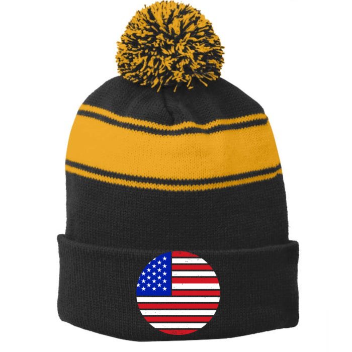 USA Emblem Front & Back Stripe Pom Pom Beanie