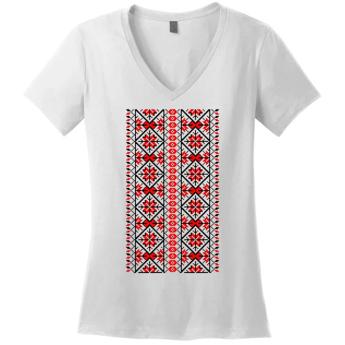 Ukrainian Embroidery Vyshyvanka Print Folk Ethnic Ornament Women's V-Neck T-Shirt