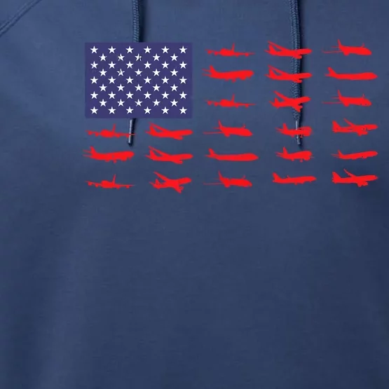 US Flag Airplanes Patriotic Aviation American Pilot Gift Performance Fleece Hoodie