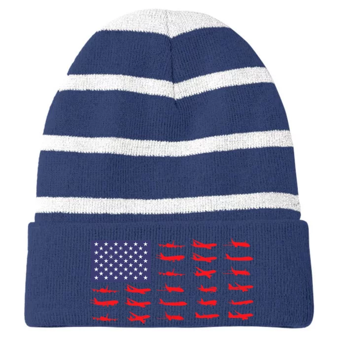 US Flag Airplanes Patriotic Aviation American Pilot Gift Striped Beanie with Solid Band