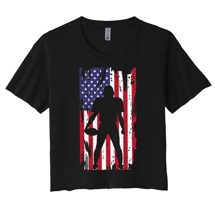 Us Flag American Football Player Silhouette Vintage Patriot Women's Crop Top Tee