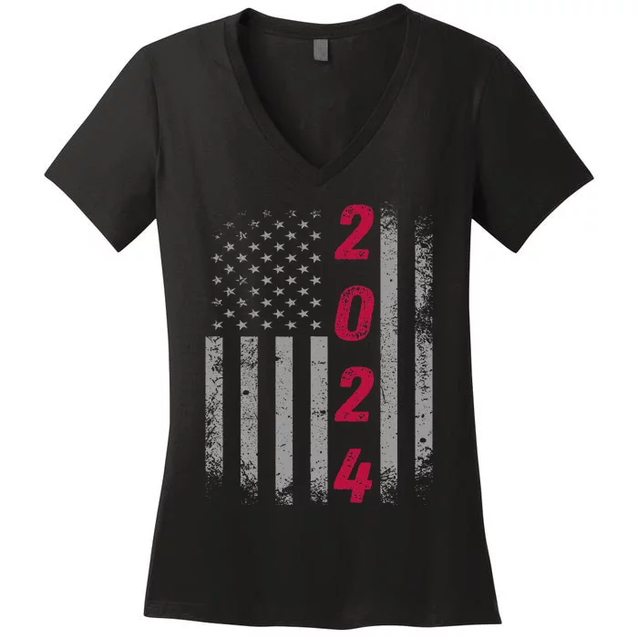 USA Flag American States Happy New Year 2024 Vintage Retro Women's V-Neck T-Shirt