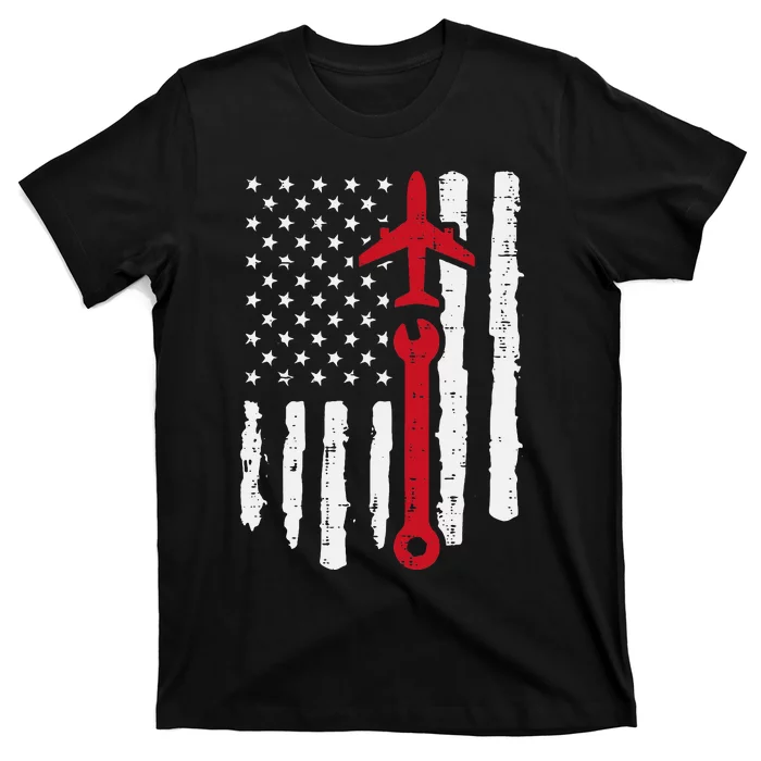 Us Flag Airplane Wrench Aircraft Mechanic Patriot T-Shirt