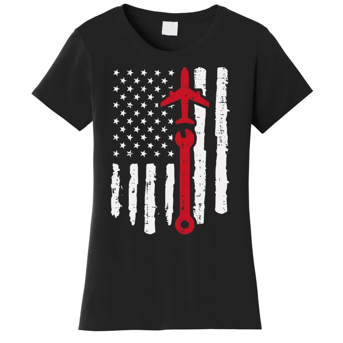 Us Flag Airplane Wrench Aircraft Mechanic Patriot Women's T-Shirt