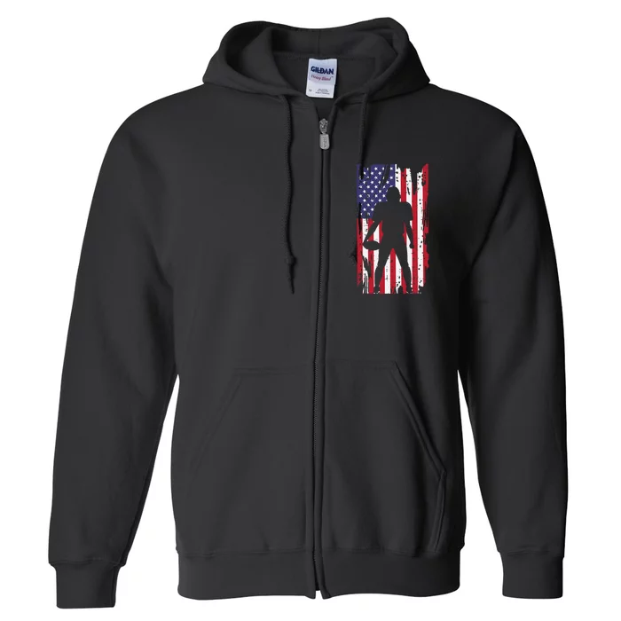 US Flag American Football Player Silhouette Vintage Patriot Full Zip Hoodie