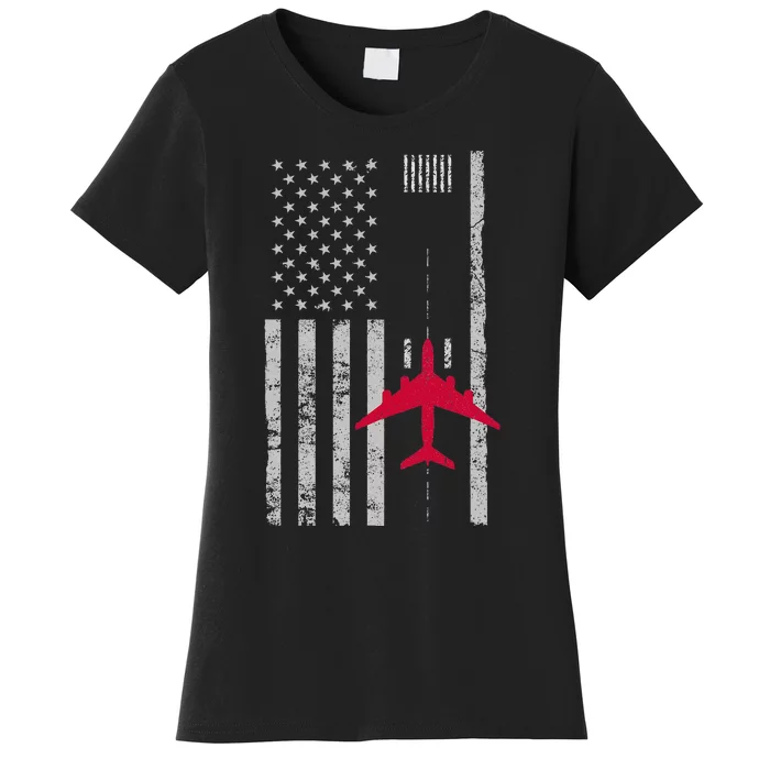 Us Flag Airport Runway! Airplane Pilot Women's T-Shirt