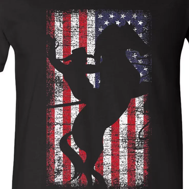 USA Flag American Pride Texas Equestrian 4th Of July Cow V-Neck T-Shirt