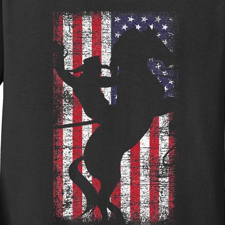 USA Flag American Pride Texas Equestrian 4th Of July Cow Kids Long Sleeve Shirt