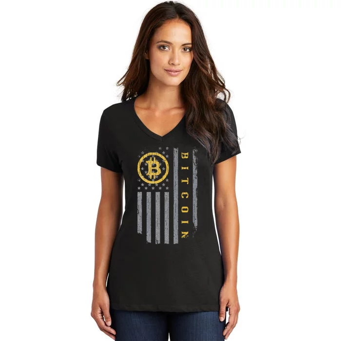 Usa Flag Bitcoin Distressed Digital Currency Btc Crypto Coin Women's V-Neck T-Shirt