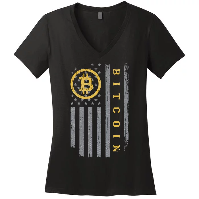 Usa Flag Bitcoin Distressed Digital Currency Btc Crypto Coin Women's V-Neck T-Shirt