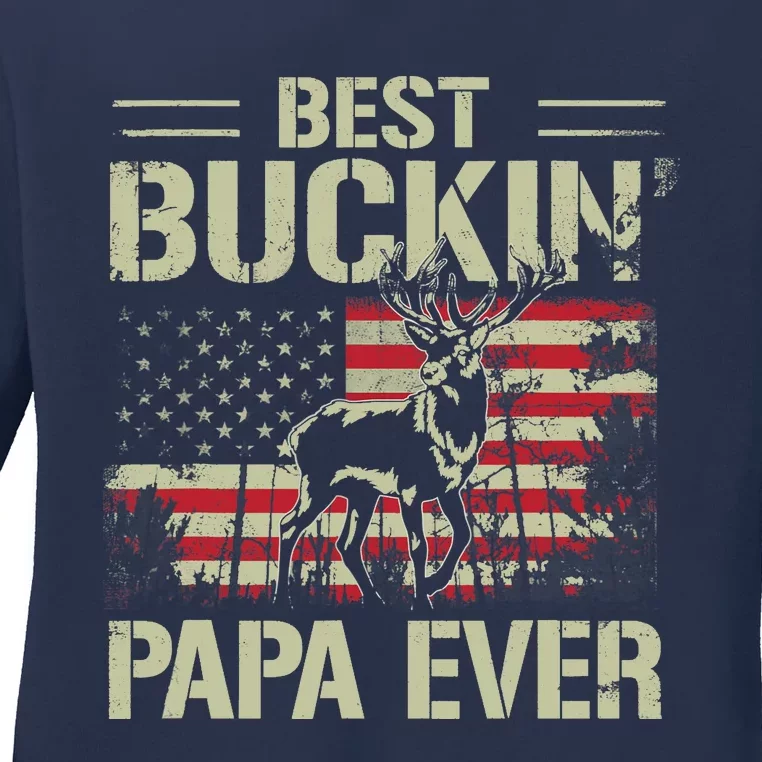 USA Flag Best Buckin' Papa Ever Deer Hunting Father's Day Ladies Long Sleeve Shirt