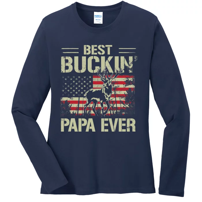 USA Flag Best Buckin' Papa Ever Deer Hunting Father's Day Ladies Long Sleeve Shirt