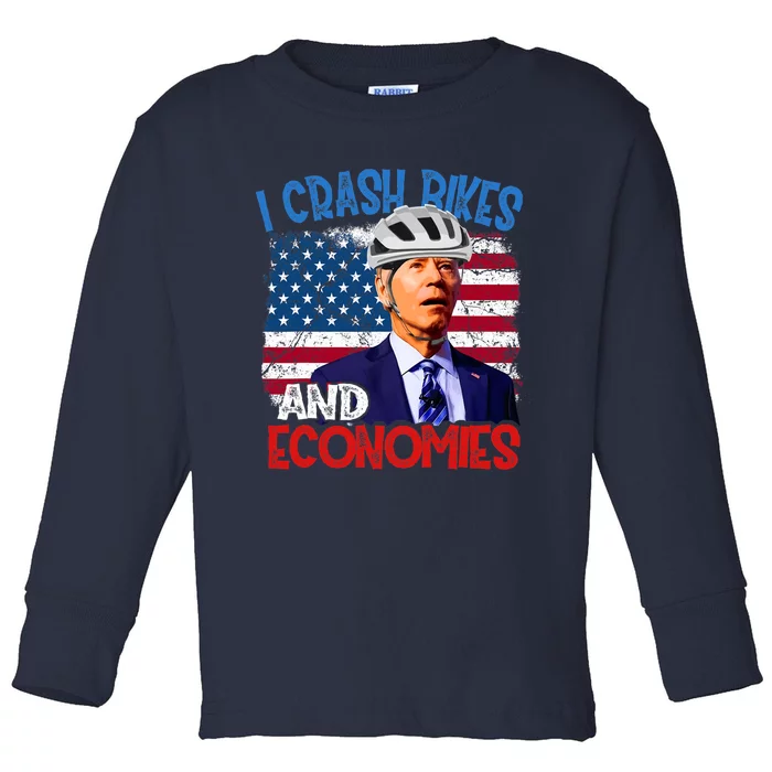 US Flag Biden Falling Off Bike I Crash Bikes And Economies Toddler Long Sleeve Shirt